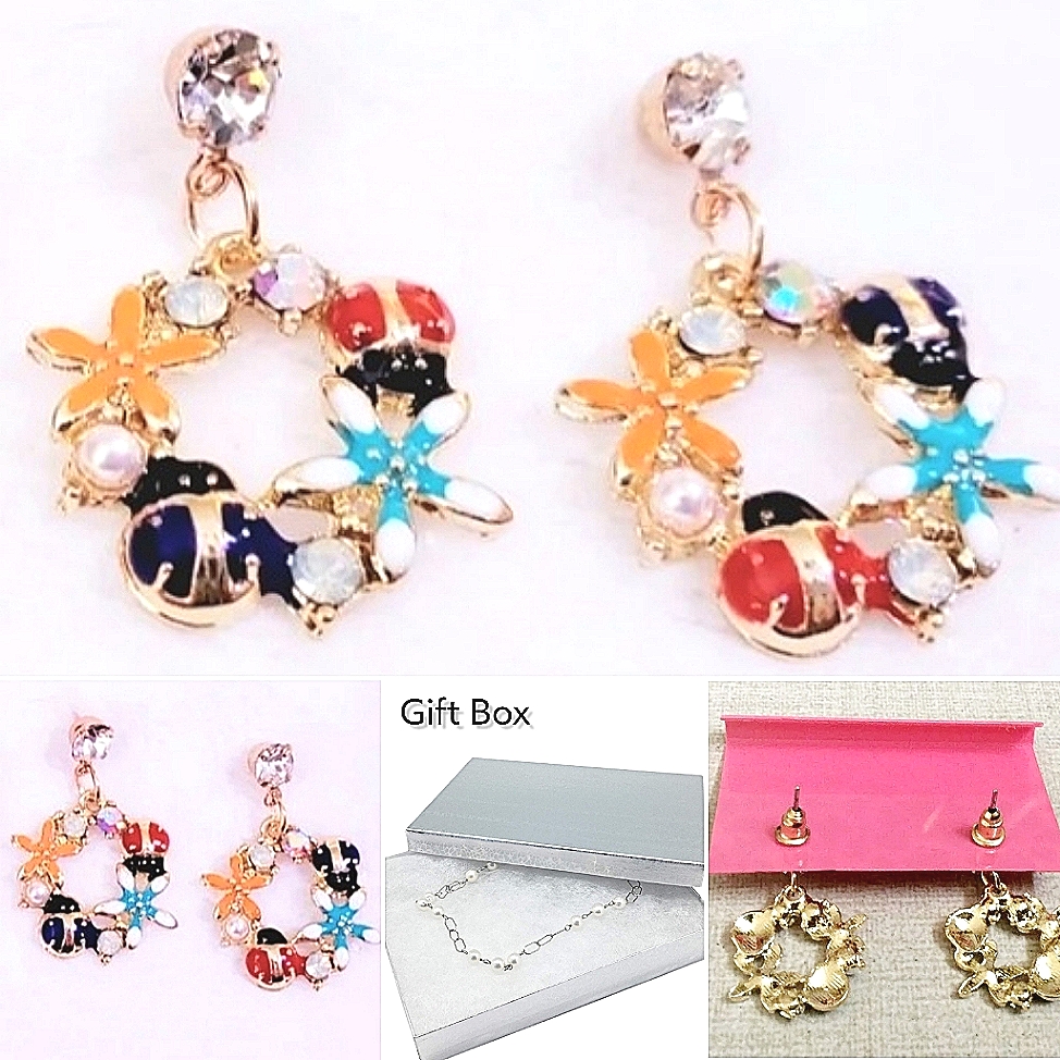 Gold Plated Red Blue Orange Crystal Ladybug Flower Earrings With Silver Post